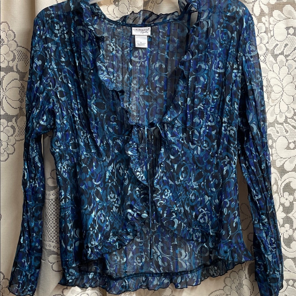 Kim Rogers Signature Navy & Teal Floral Ruffle Tie Front Blouse